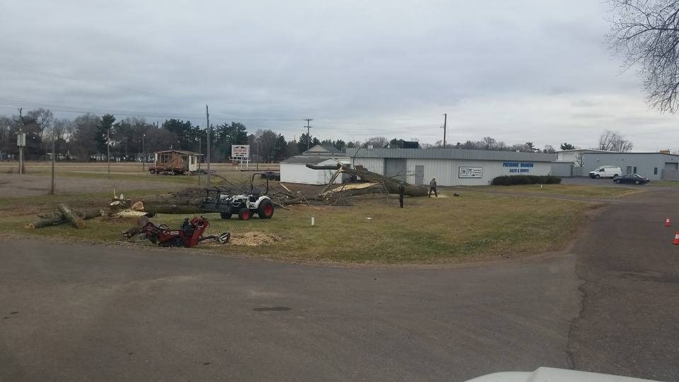 Commercial tree care equipment clearing a fallen tree at a facility